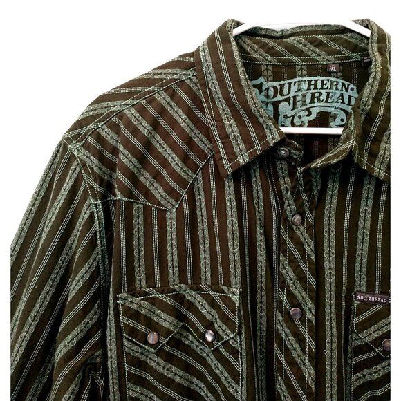 Southern Thread Shirt Men's Green Striped Cowboy Western Pearl Snap - XL - Picture 2 of 9